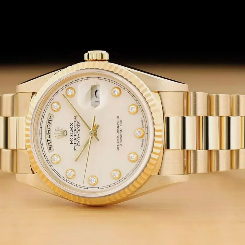 ROLEX MENS DAY-DATE CREAM DIAMOND DIAL 18K GOLD PRESIDENT WATCH BOX TAG